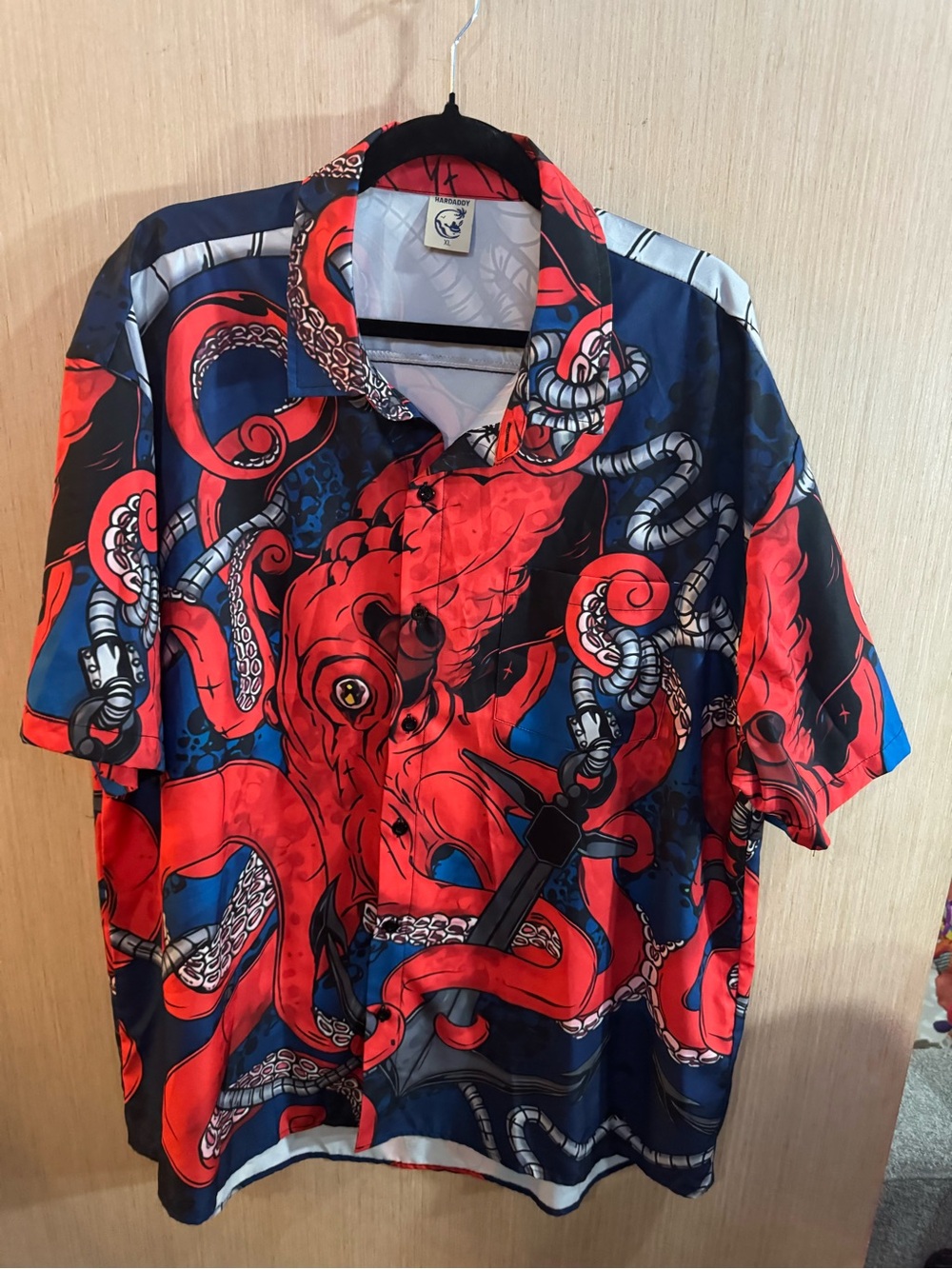 Men's Hardaddy Red & Navy Graphic Short Sleeve Button Up Shirt Size XL
